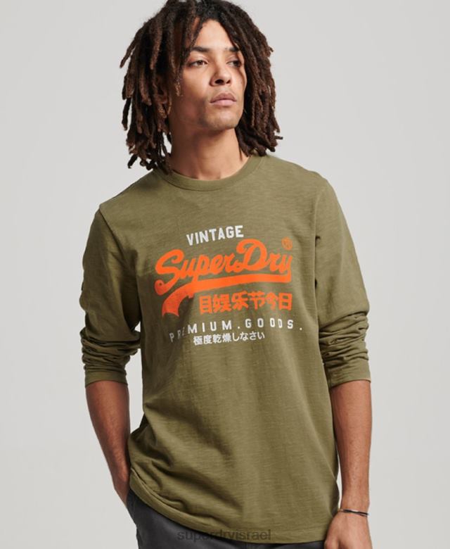 il Superdry גברים חולצת טריקו עם שרוולים ארוכים עם לוגו וינטג' ירוק 4LX2Z1485 הַלבָּשָׁה