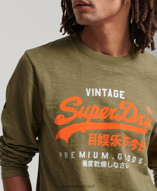 il Superdry גברים חולצת טריקו עם שרוולים ארוכים עם לוגו וינטג' ירוק 4LX2Z1485 הַלבָּשָׁה