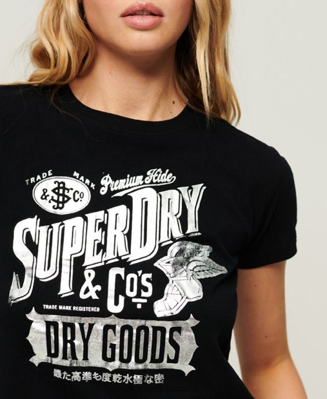 il Superdry נשים חולצת טריקו גרפית עם תסריט של בגדי עבודה שָׁחוֹר 4LX2Z2122 הַלבָּשָׁה