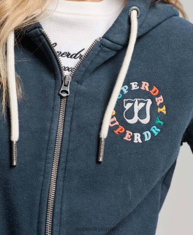 il Superdry נשים קפוצ'ון קפוצ'ון וינטג' עם רוכסן חיל הים 4LX2Z2192 הַלבָּשָׁה