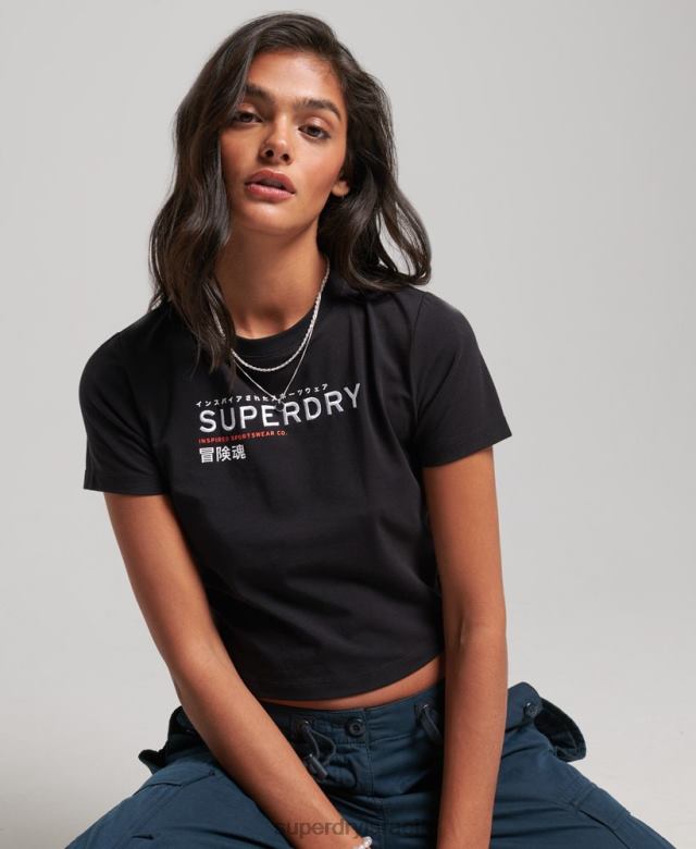 il Superdry נשים חולצת טריקו זעירה רקומה עם גרפיקת קוד שָׁחוֹר 4LX2Z2231 הַלבָּשָׁה