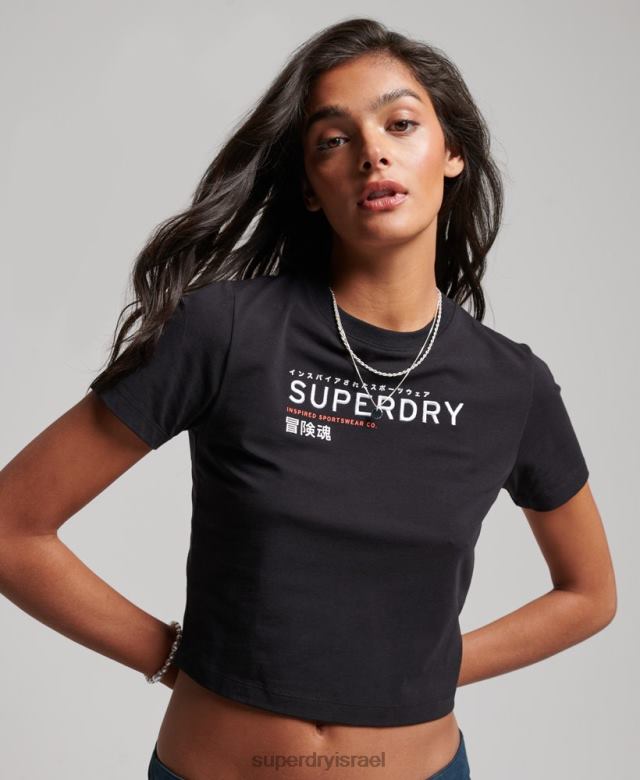 il Superdry נשים חולצת טריקו זעירה רקומה עם גרפיקת קוד שָׁחוֹר 4LX2Z2231 הַלבָּשָׁה