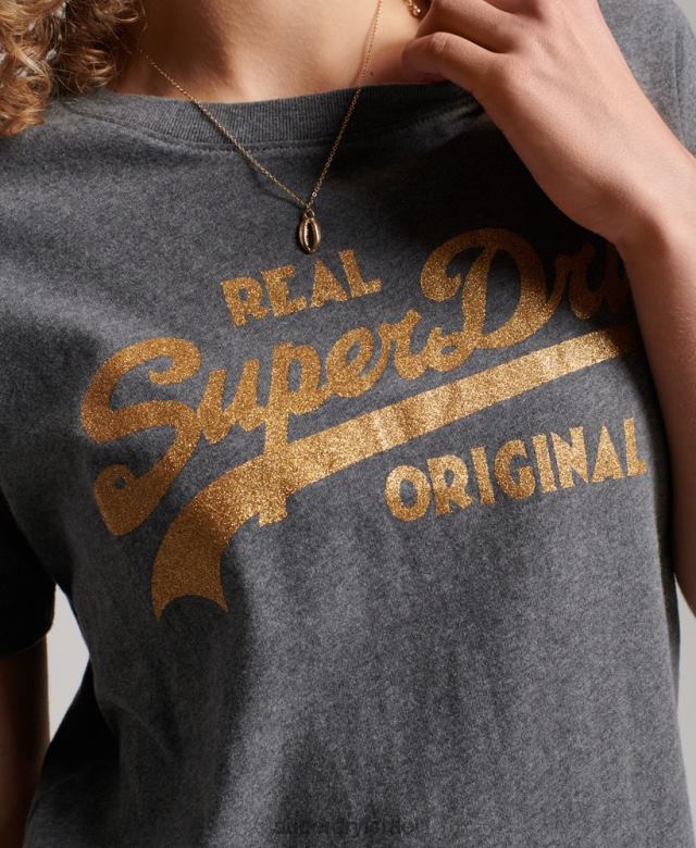 il Superdry נשים חולצת כותנה אורגנית וינטג' עם תסריט קולל אפור 4LX2Z2249 הַלבָּשָׁה