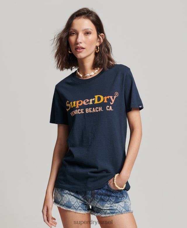 il Superdry נשים חולצת טריקו קשת בענן וינטג' חיל הים 4LX2Z2286 הַלבָּשָׁה