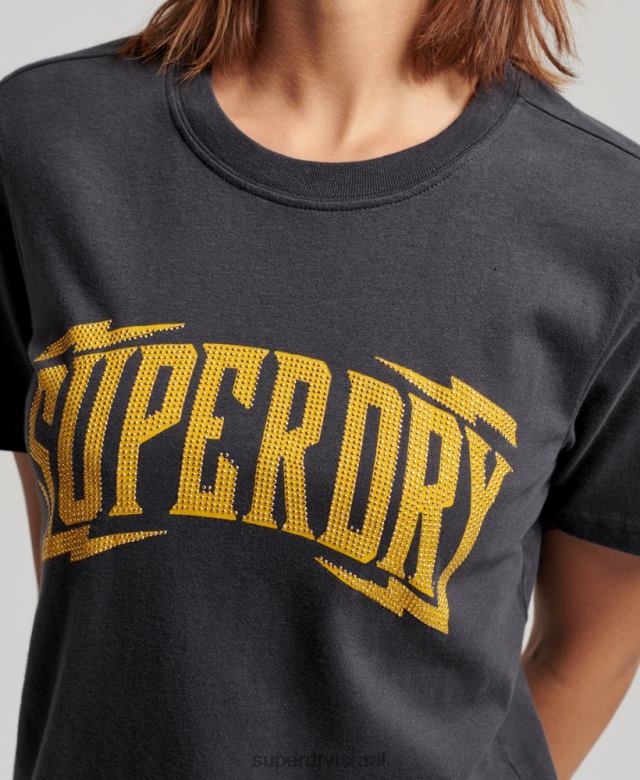 il Superdry נשים חולצת טריקו מעוטרת וינטג' אפור כהה 4LX2Z2630 הַלבָּשָׁה