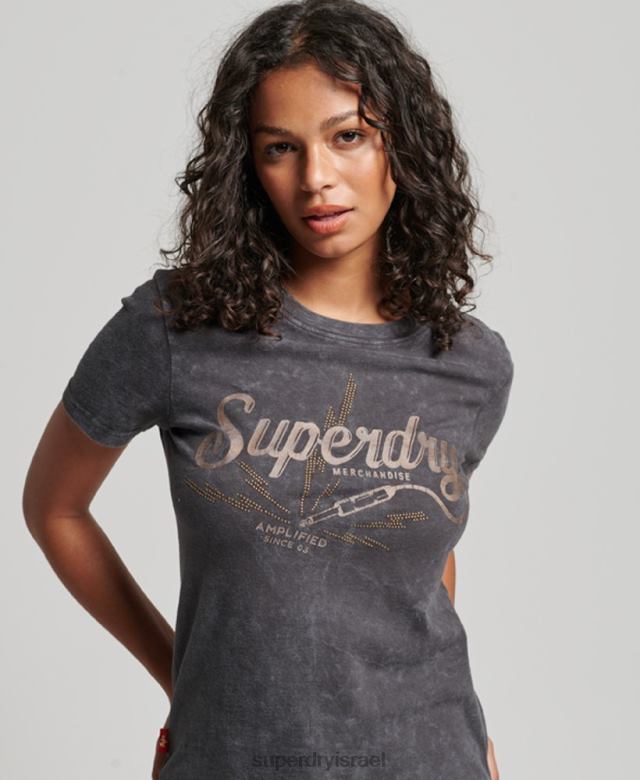 il Superdry נשים חולצת טריקו רזה בחנות וינטג' שָׁחוֹר 4LX2Z2708 הַלבָּשָׁה