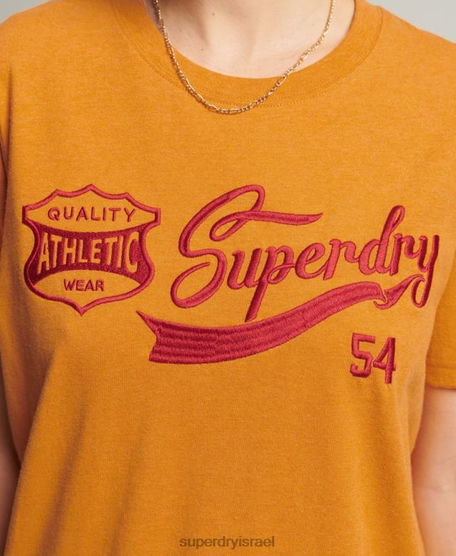 il Superdry נשים חולצת קולג' בסגנון תסריט וינטג' צהוב 4LX2Z2731 הַלבָּשָׁה