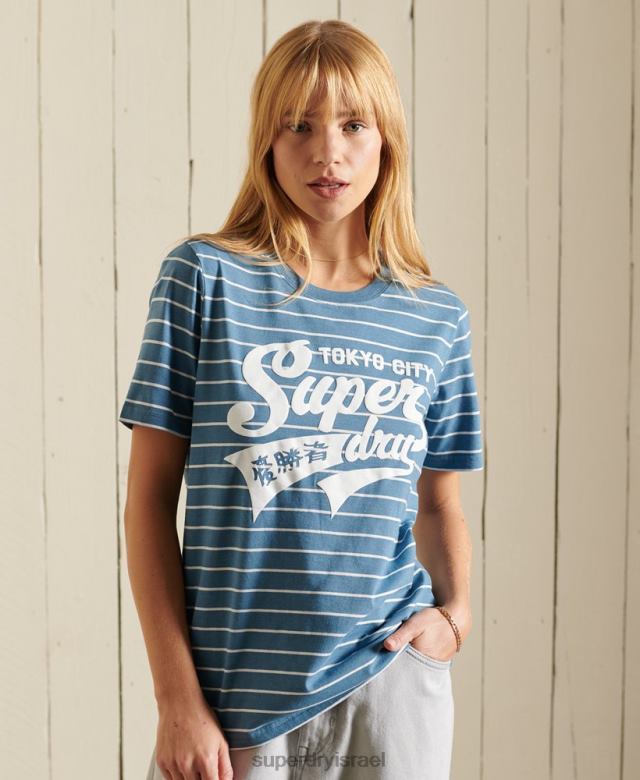 il Superdry נשים חולצת טריקו פס קולג' בסגנון תסריט כְּחוֹל 4LX2Z2794 הַלבָּשָׁה