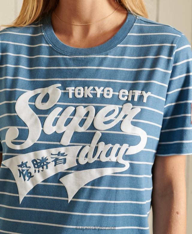 il Superdry נשים חולצת טריקו פס קולג' בסגנון תסריט כְּחוֹל 4LX2Z2794 הַלבָּשָׁה