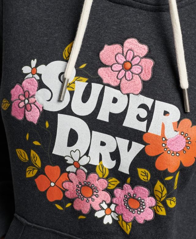 il Superdry נשים קפוצ'ון עם תסריט פרחוני וינטג' שָׁחוֹר 4LX2Z3461 הַלבָּשָׁה