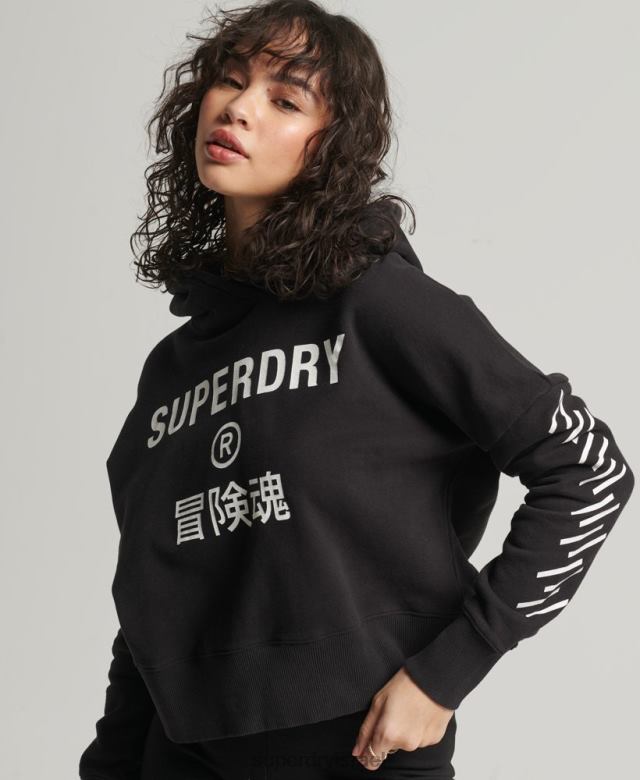 il Superdry נשים קפוצ'ון קופסת קרופ ספורט שָׁחוֹר 4LX2Z3493 הַלבָּשָׁה