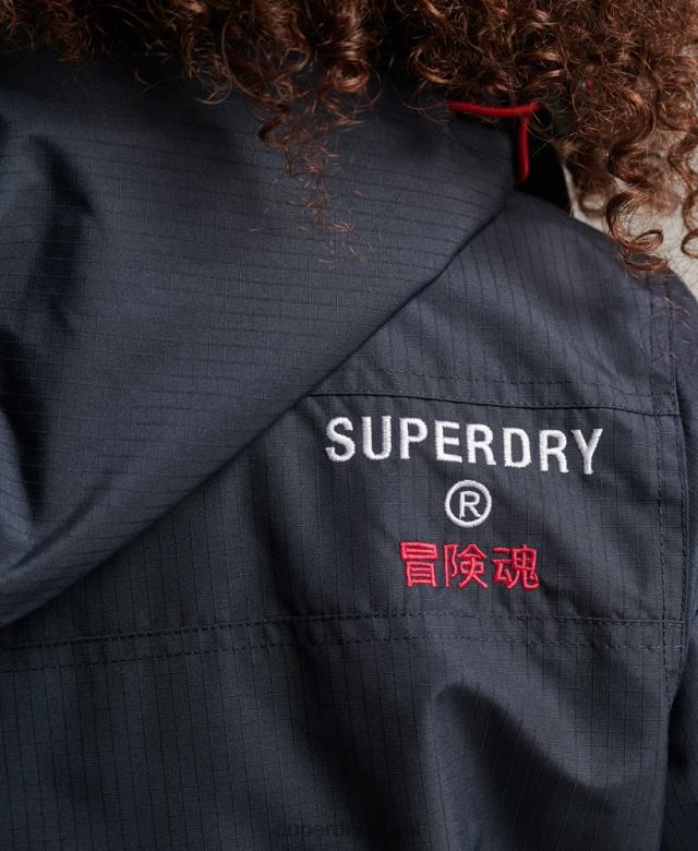 il Superdry נשים ז'קט מעיל רוח לוגו עם קפוצ'ון חיל הים 4LX2Z3830 הַלבָּשָׁה