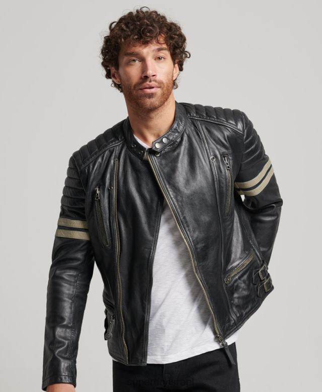 il Superdry גברים מעיל עור לאופנוענים שָׁחוֹר 4LX2Z4691 הַלבָּשָׁה