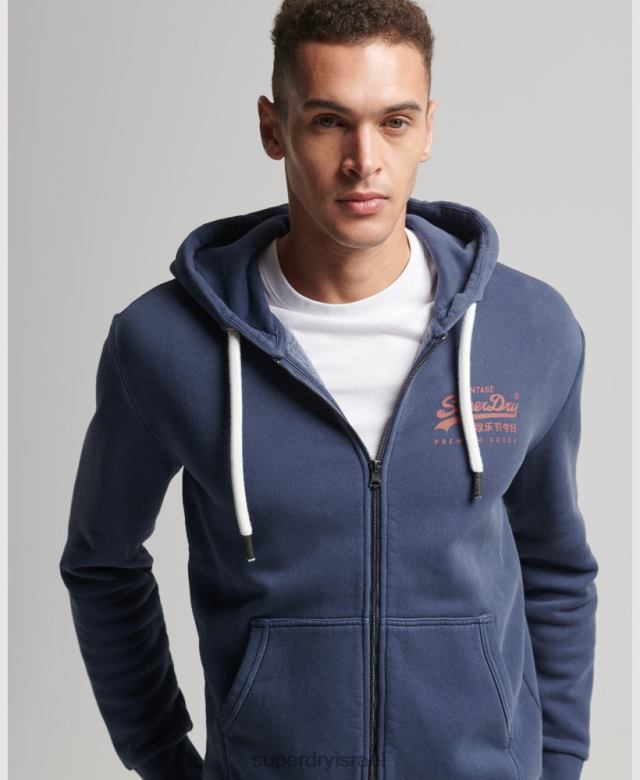 il Superdry גברים קפוצ'ון ניאון עם רוכסן לוגו וינטג' כחול כהה 4LX2Z476 הַלבָּשָׁה