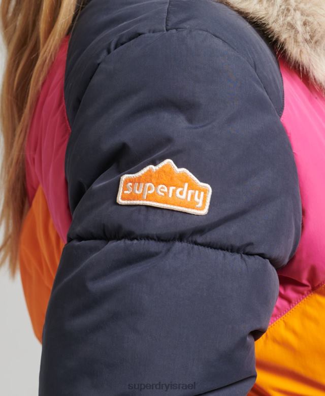 il Superdry נשים פאנל רטרו מעיל נפוח קצר חיל הים 4LX2Z5429 הַלבָּשָׁה