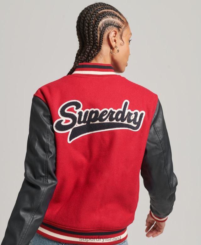 il Superdry נשים ז'קט בומבר עם טלאים של ורסיטי אָדוֹם 4LX2Z5471 הַלבָּשָׁה