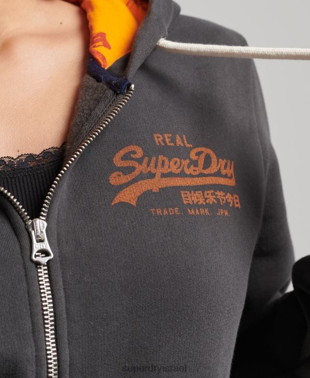 il Superdry נשים קפוצ'ון עם רוכסן בהדפסה פנימית אפור כהה 4LX2Z6027 הַלבָּשָׁה