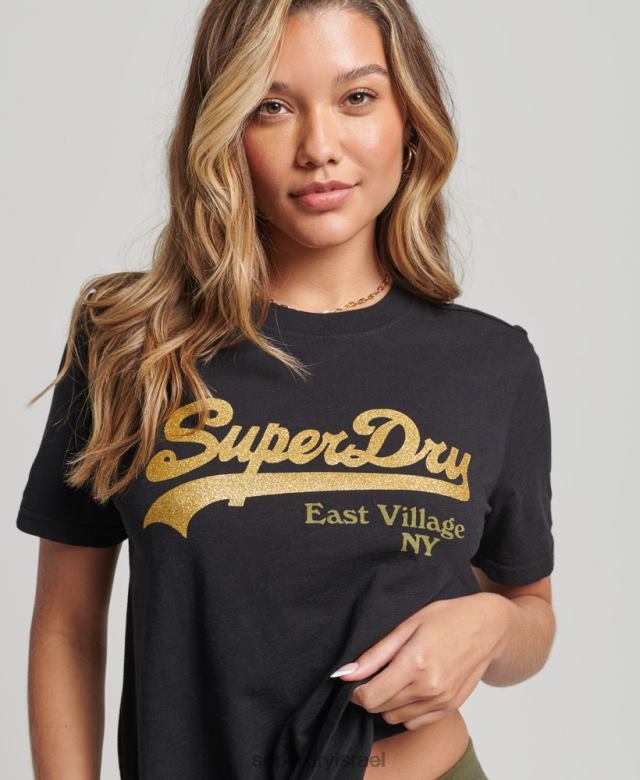 il Superdry נשים חולצת טי מעוטרת עם לוגו גרפי שָׁחוֹר 4LX2Z6185 הַלבָּשָׁה