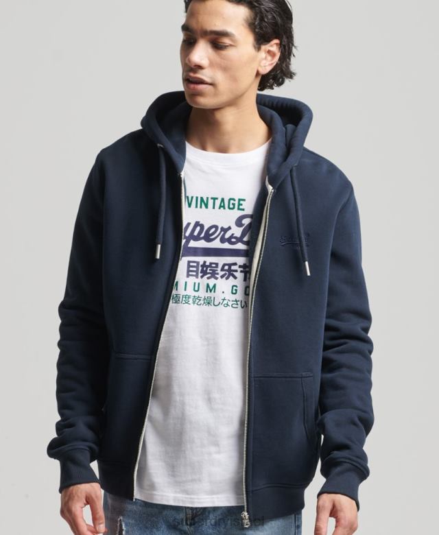 il Superdry גברים קפוצ'ון רוכסן רקום לוגו וינטג' מכותנה אורגנית חיל הים 4LX2Z626 הַלבָּשָׁה