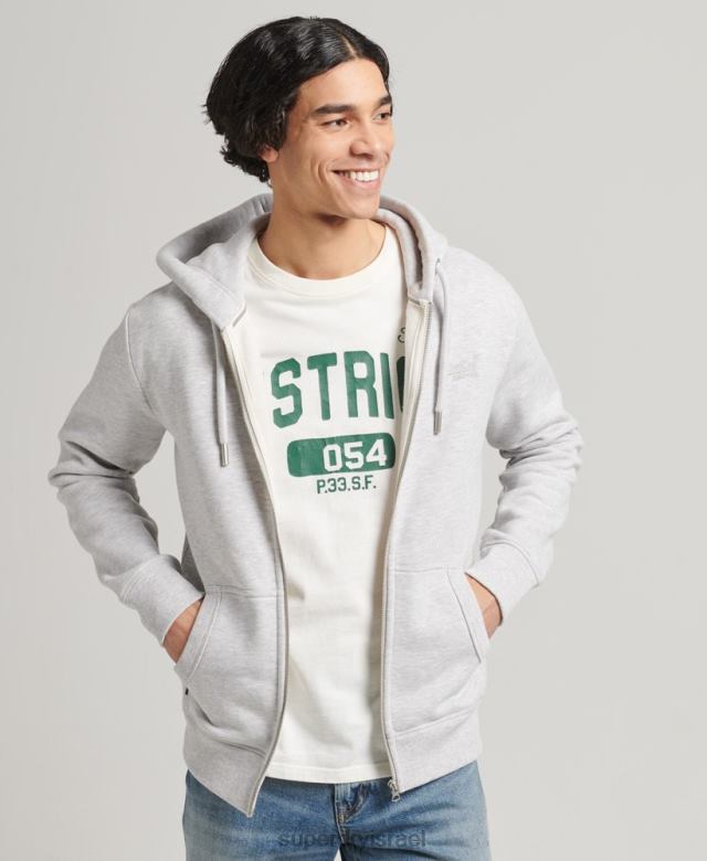 il Superdry גברים קפוצ'ון רוכסן רקום לוגו וינטג' מכותנה אורגנית אפור בהיר 4LX2Z641 הַלבָּשָׁה