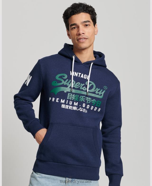 il Superdry גברים קפוצ'ון לוגו וינטג' מכותנה אורגנית כחול כהה 4LX2Z653 הַלבָּשָׁה