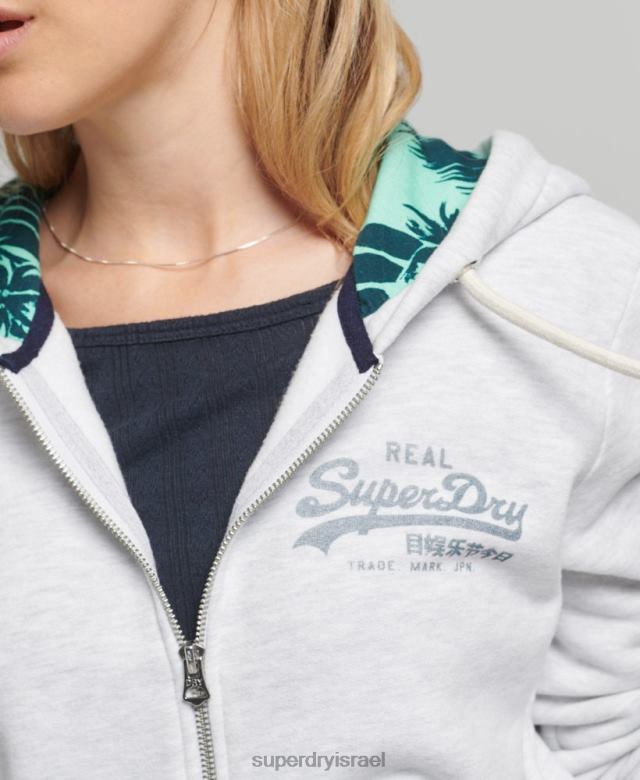 il Superdry נשים קפוצ'ון עם רוכסן בהדפסה פנימית אפור בהיר 4LX2Z6668 הַלבָּשָׁה