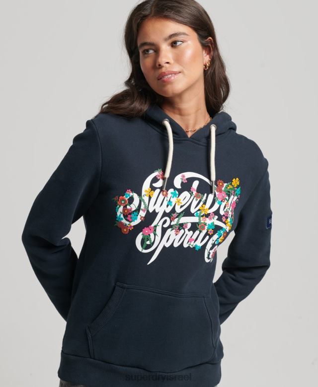 il Superdry נשים קפוצ'ון פרחוני בסגנון תסריט חיל הים 4LX2Z6773 הַלבָּשָׁה