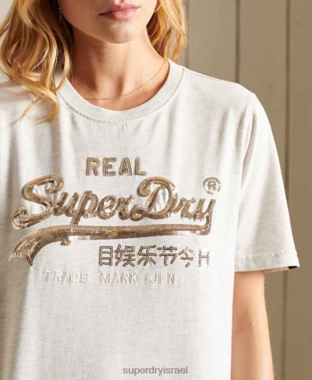 il Superdry נשים חולצת טי נוצצת בוהו לוגו וינטג' בז' 4LX2Z6774 הַלבָּשָׁה