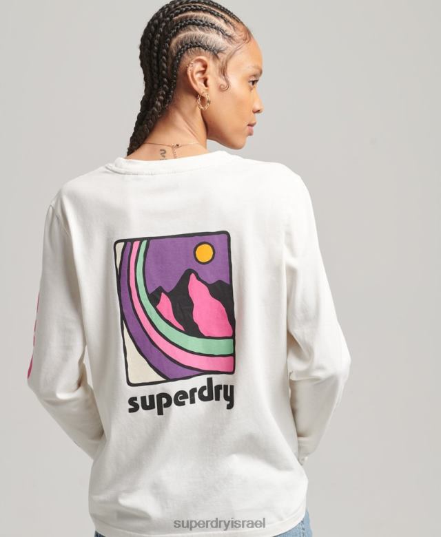 il Superdry נשים חלק עליון עם שרוול ארוך משנות ה-90 לבן 4LX2Z6745 הַלבָּשָׁה