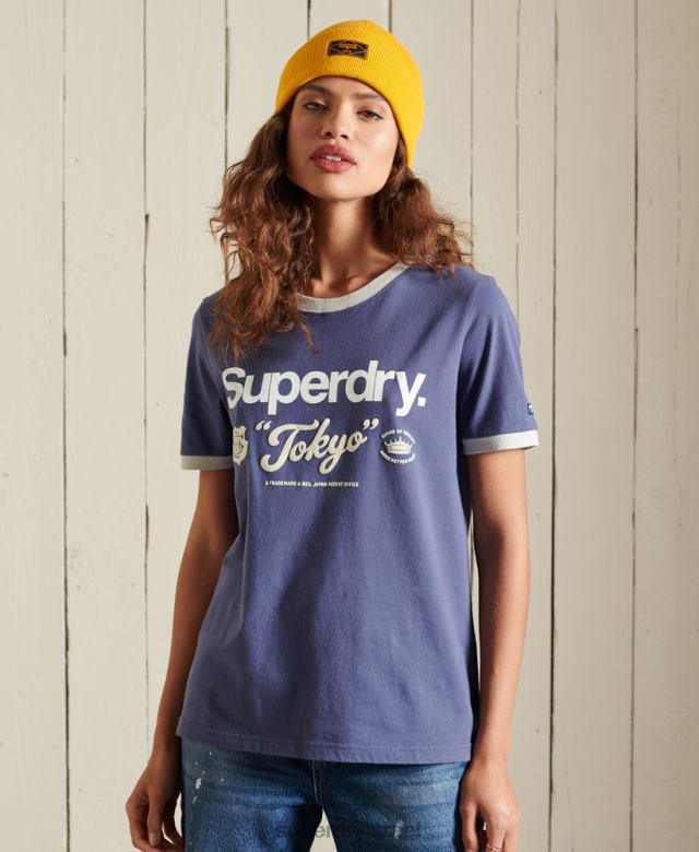 il Superdry נשים חולצת טי שירט צלצול עם לוגו core אמריקן קלאסיק חיל הים 4LX2Z6298 הַלבָּשָׁה