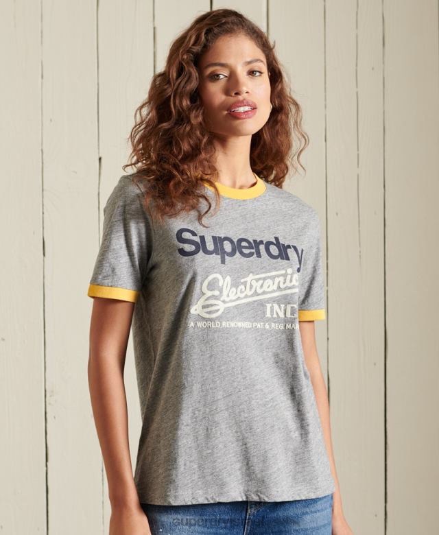 il Superdry נשים חולצת טי שירט רינגר לוגו core אמריקן קלאסיקה אפור 4LX2Z6304 הַלבָּשָׁה