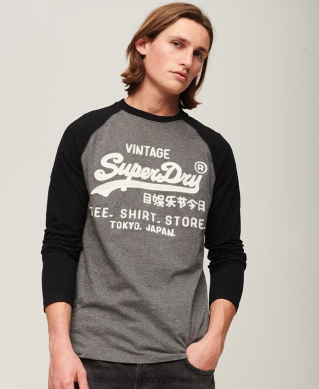 il Superdry גברים לוגו וינטג' חנות raglan עליונית עם שרוולים ארוכים אפור כהה 4LX2Z86 הַלבָּשָׁה